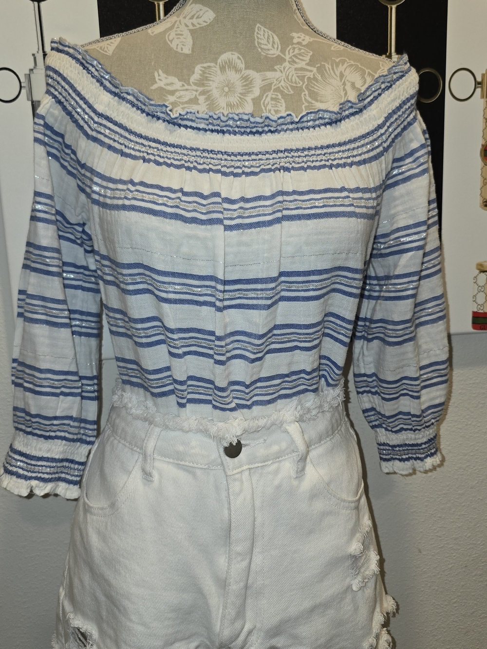 INC International Concepts White Off-Shoulder Top with Metallic And Blue Stripes